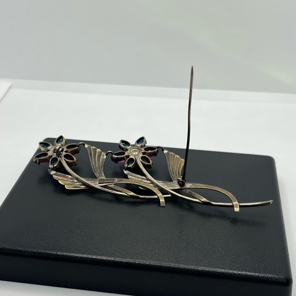 Flower SYMMETALIC rhinestone Vintage STERLING Silver 14KT Gold Brooch Pin - Picture 12 of 16